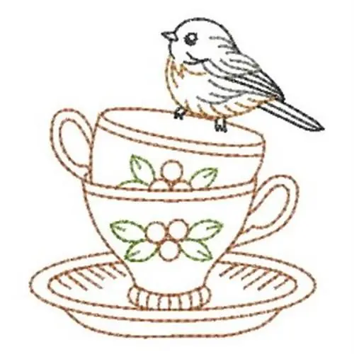 New Arrival Vintage Birdie Teacups Embroidery Design