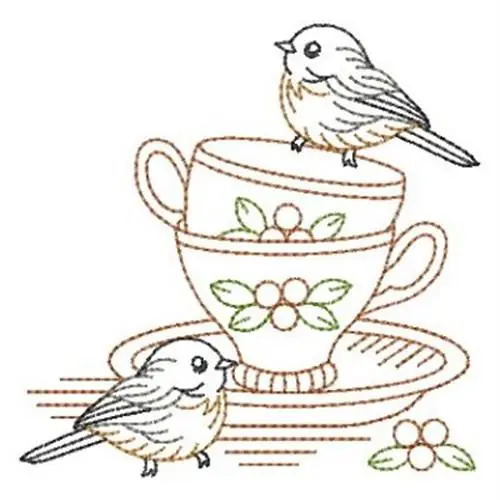 Vintage Teacup Birds Embroidery Design Worldwide Shipping