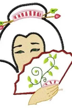 Applique Geisha & Fan Embroidery Design Reduced Price
