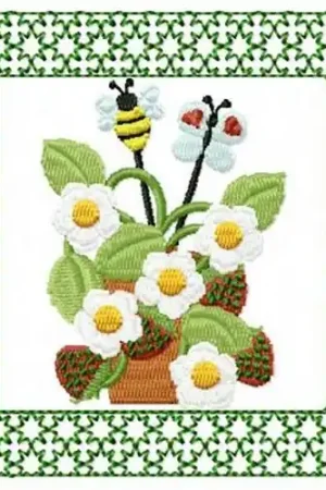 Flowers and Bee Embroidery Design Premium
