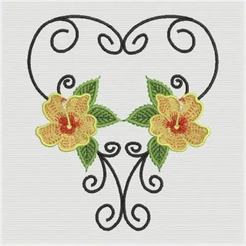 Hibiscus Heart Swirl Embroidery Design Warranty Included