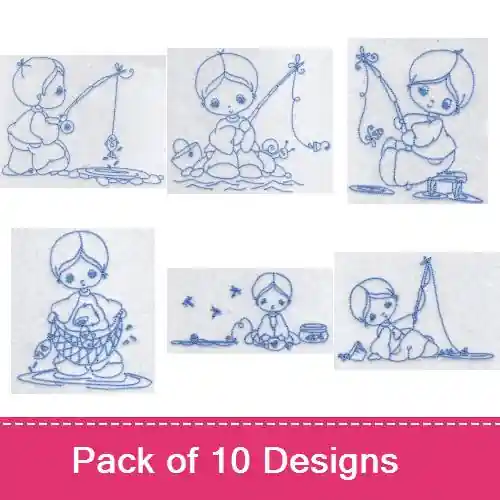 Little Fisherman Redwork Embroidery design pack by Bunnycup Embroidery, Embroidery Packs on EmbroideryDesigns.com Must Have