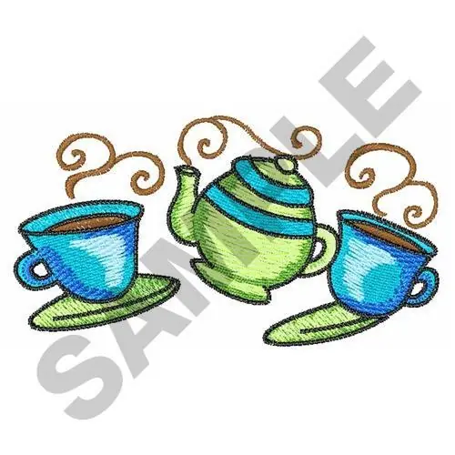 COFFEE POT AND CUPS Embroidery Design Modern